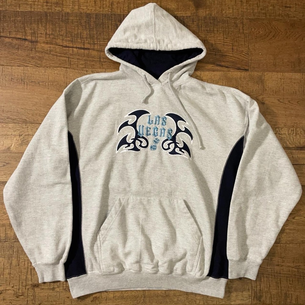 Stylo Hoodie Mens XL Grey Y2K Tribal Las Vegas Embroidered Pullover Sweatshirt